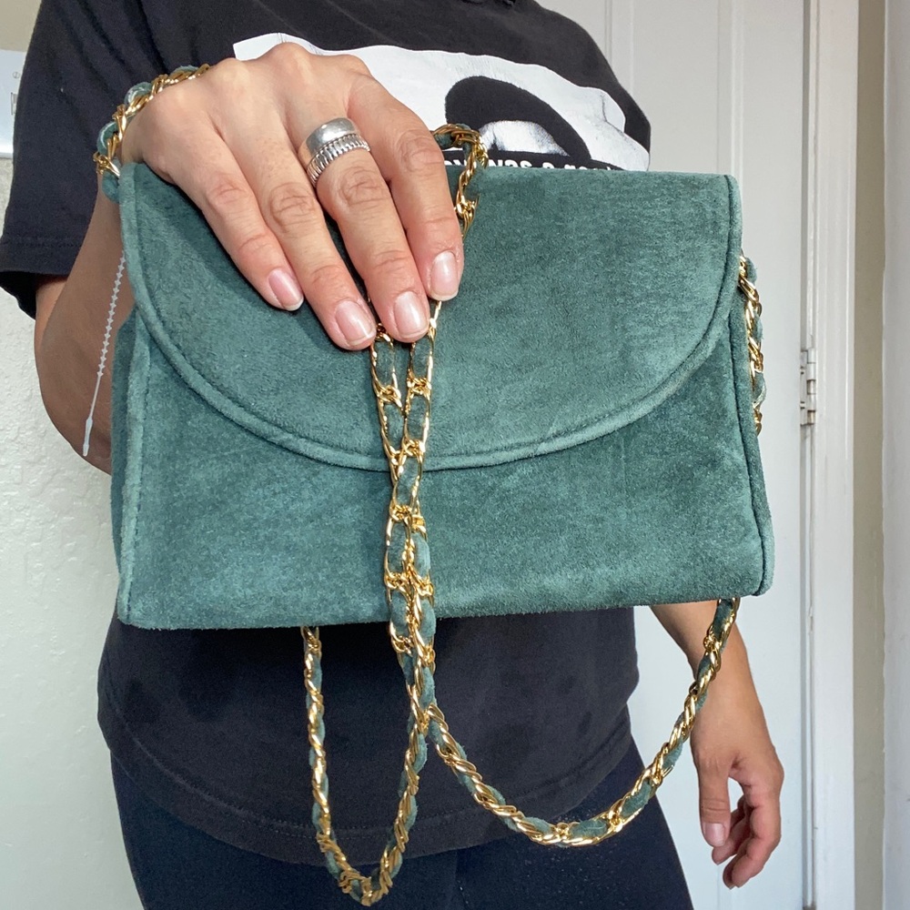 Jennifer Moore Vintage Suede Leather Gold Chain Crossbody Purse